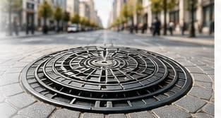 Καπάκι αποχέτευσης από χυτοσίδηρο σε λιθόστρωτο δρόμο